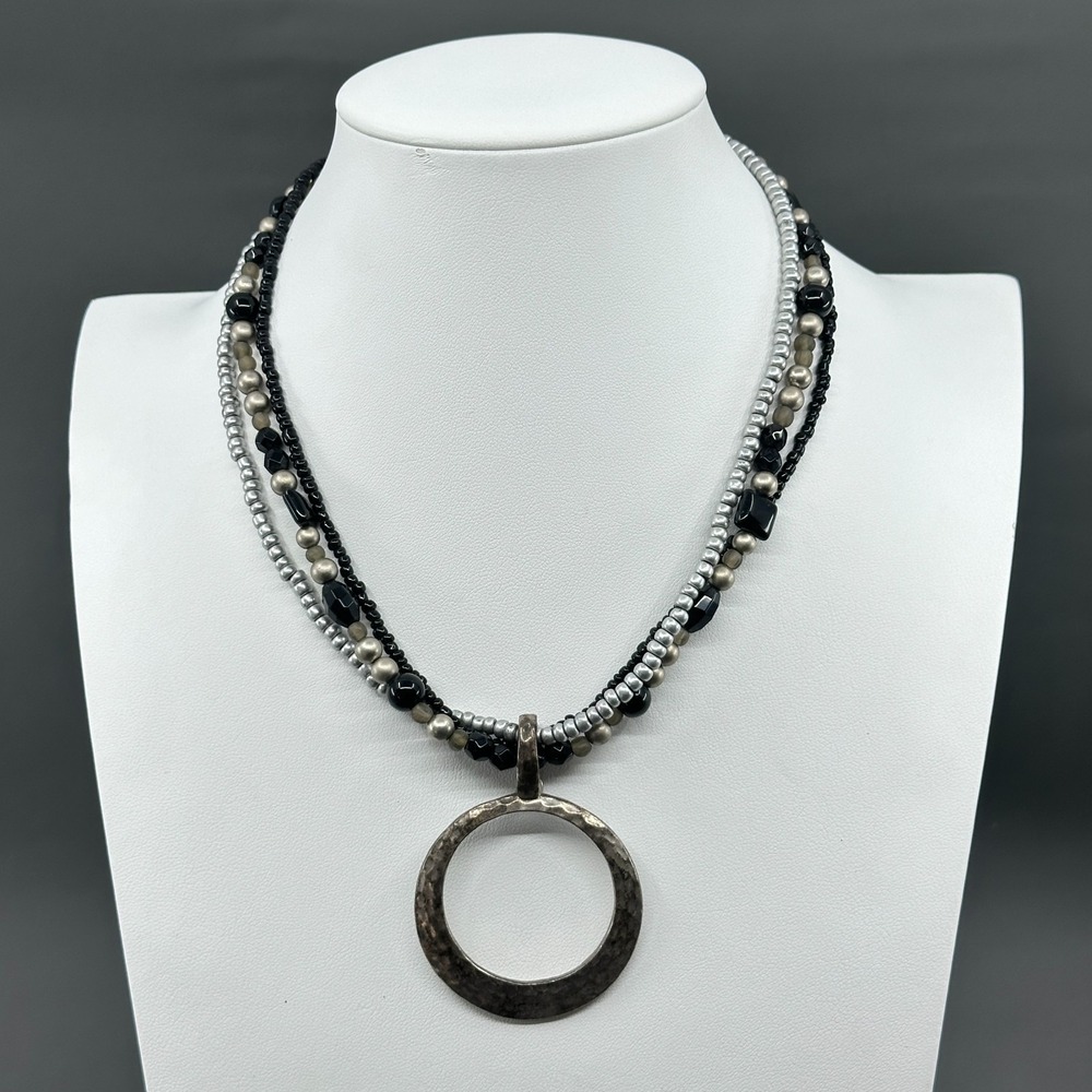 Multi Strand Black Silver Beaded Hammered Circle Pendant Necklace Boho Vintage